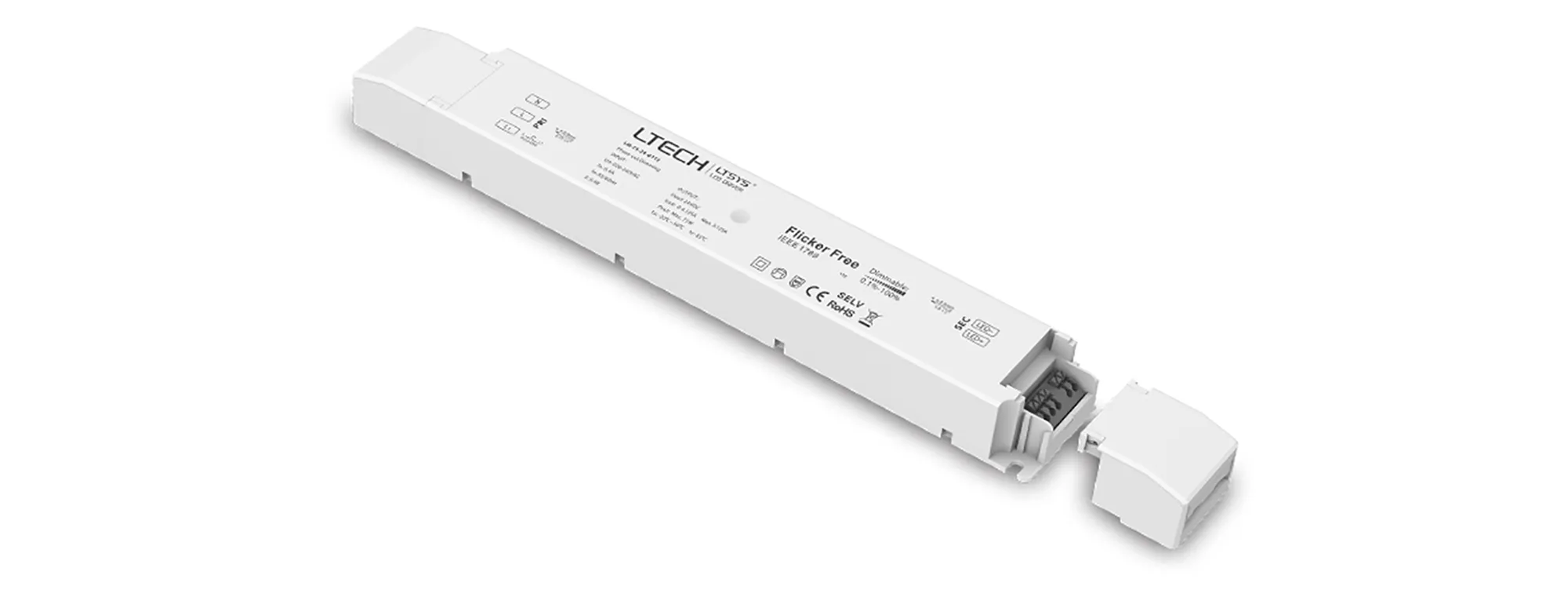 Leading edge (Triac), Trailing edge (ELV) Phase-cut and Push DIM/CCT, 0-100% Dim, Constant Voltage 75W, 24Vdc 3.12A, 200-240Vac, IP20, 5yrs Warranty.